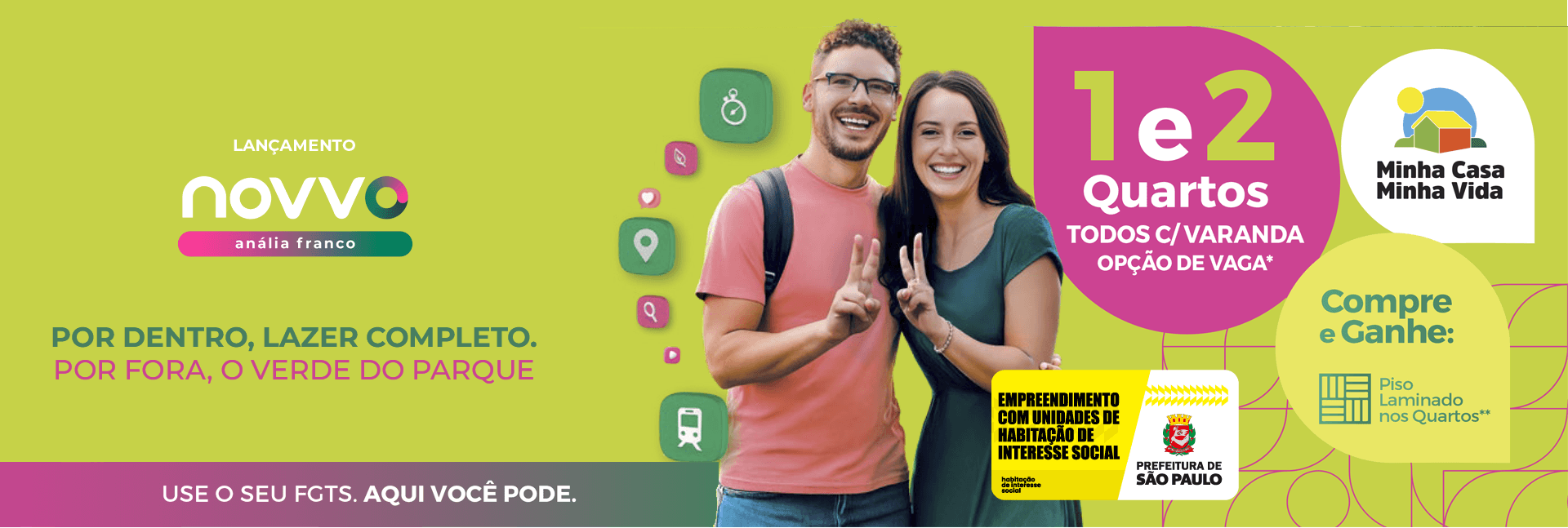 Banner publicitário de lançamento imobiliário com casal sorrindo